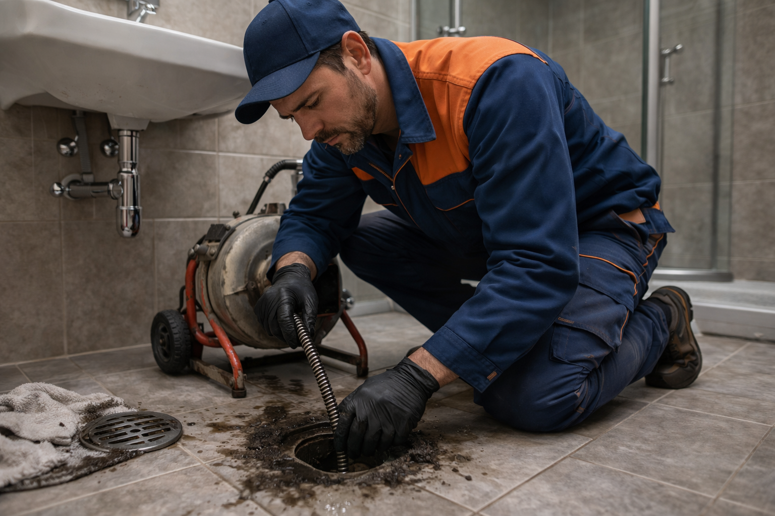 plumber using drain sname to clear clogged drain in bathroom